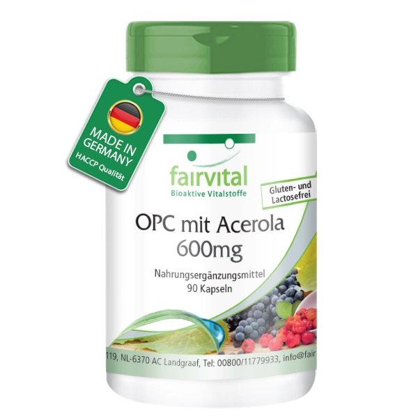 OPC 600mg mit Acerola - 90 Kapseln - mit Vitamin C - für Immunsystem; Kollagenbildung uvm. - Vegan | Fairvital